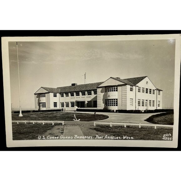 US Coast Guard Barracks RPPC Postcard Vintage Port Angeles WA 1930s - Picture 1 of 6